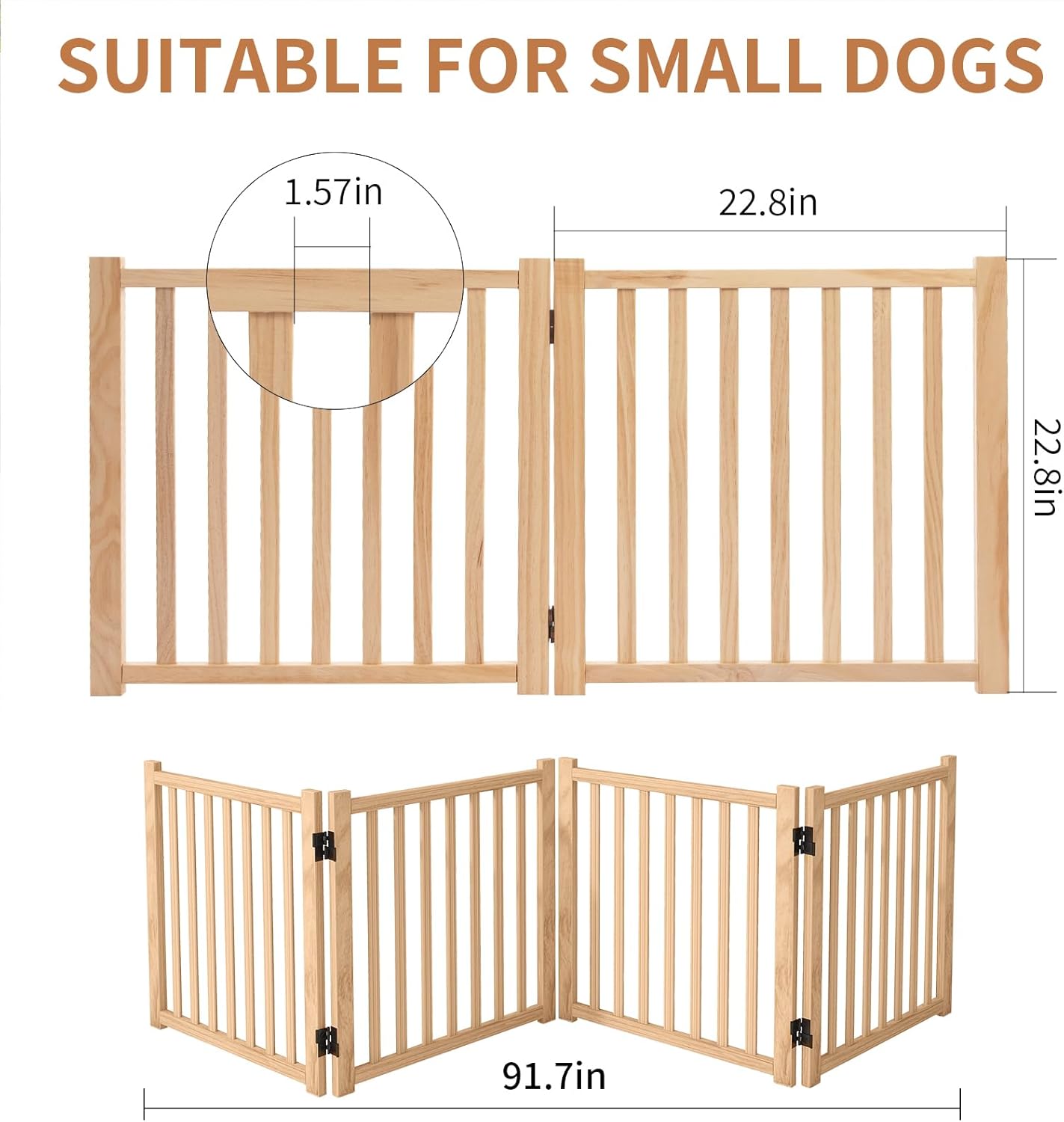 YOCAN Non-Painted Wood FreeStanding Pet Gate for Dogs,Wooden Dog Gates for Doorways, Stairs,The House, Dog Fences Indoor Puppy Gate-2 Panel H:23”
