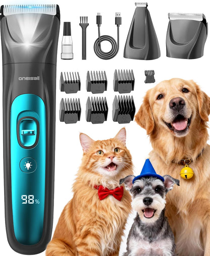 oneisall Professional Dog Grooming Kit at Home: All-in-One Quiet Clippers & Nail Grinder with LED Light, 2000mAh Cordless Dog Shaver, Safe Poodle Grooming Kit for Paws, Face, Ears & Body