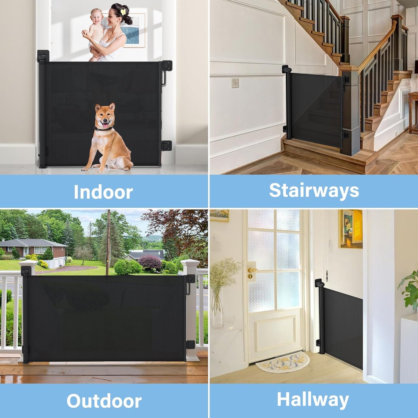 probebi Retractable Baby, Child & Dog Gates for Stairs, Extends to 54" Wide 34" Tall, Use for Outdoor, Indoor, Hallways, Doorways, Deck, Porch, Black