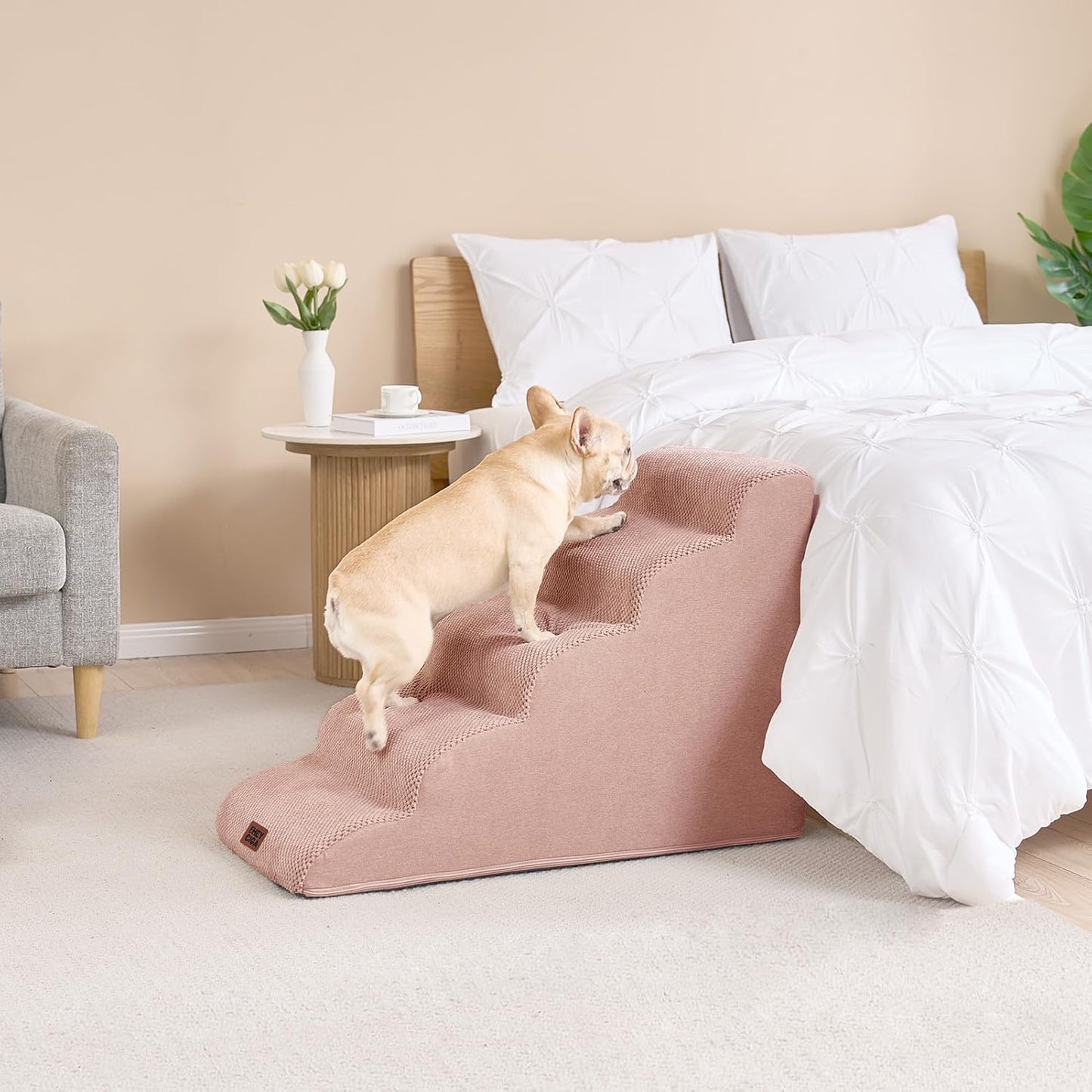 EHEYCIGA Curved Dog Stairs Ramp for High Beds 19.7" H, 4-Step Dog Steps for Small Dogs and Cats, Pet Stairs for High Bed Climbing, Non-Slip Balanced Pet Step Indoor, Grey