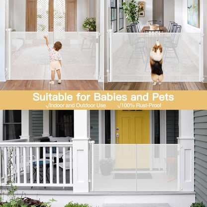 Reinforced 42" Tall Retractable Dog Gate, 155" Extra Long Retractable Baby Gate with Support Rods - Prevent Crawling Under, Indoor/Outdoor Retractable Gate Extra Tall Baby Gate Retractable Fence/Black