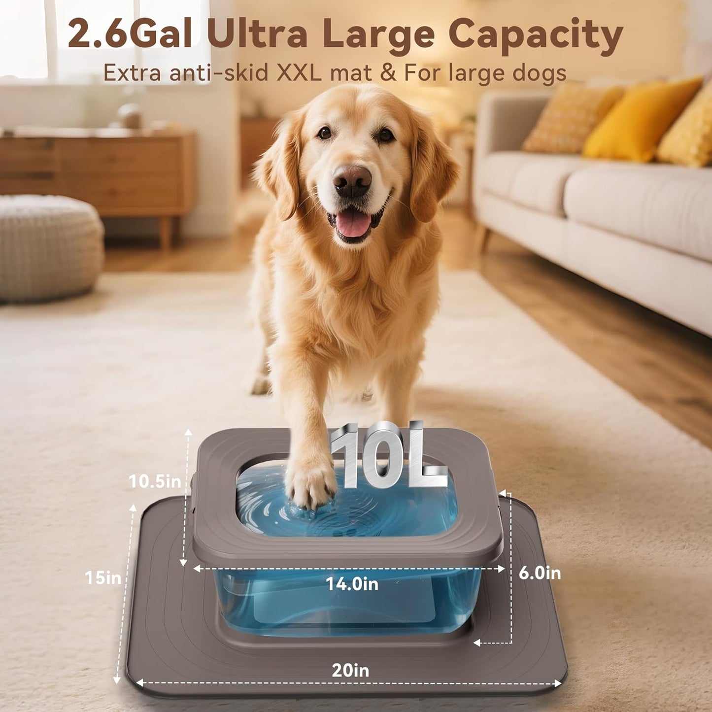 10L No Spill Dog Water Bowl, 2.6 Gal Stainless Steel No Splash Large Dog Water Bowl with Non-Slip Silicone Mat, Spill Proof Slow Drinking Pet Bowls for Messy Drinkers Indoor/Outdoor Use Black