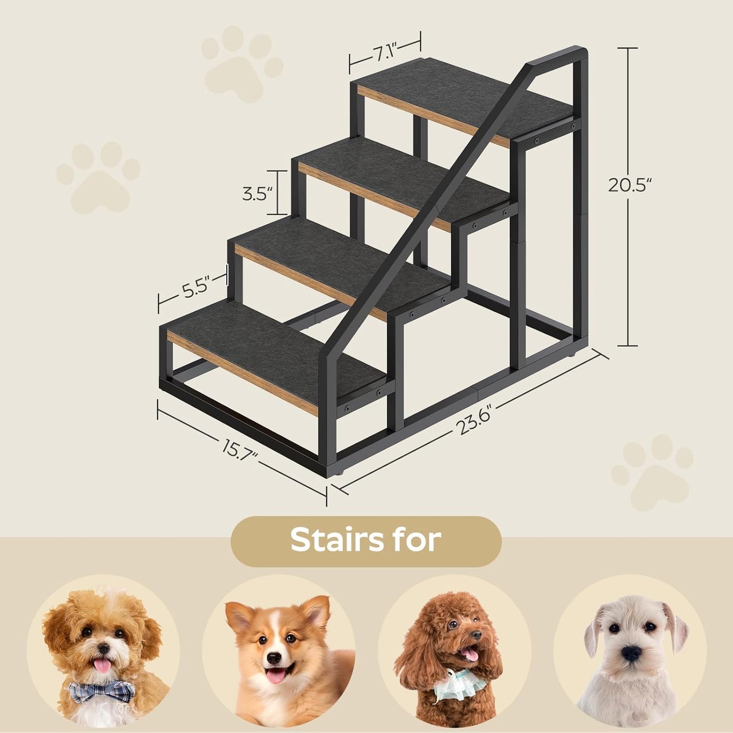 YATINEY Dog Stairs for Small Dogs, 4-Steps Dog Steps for High Beds and Couch, 20.5”H Pet Steps with Non-Slip, Rustic Brown and Black LT01BR