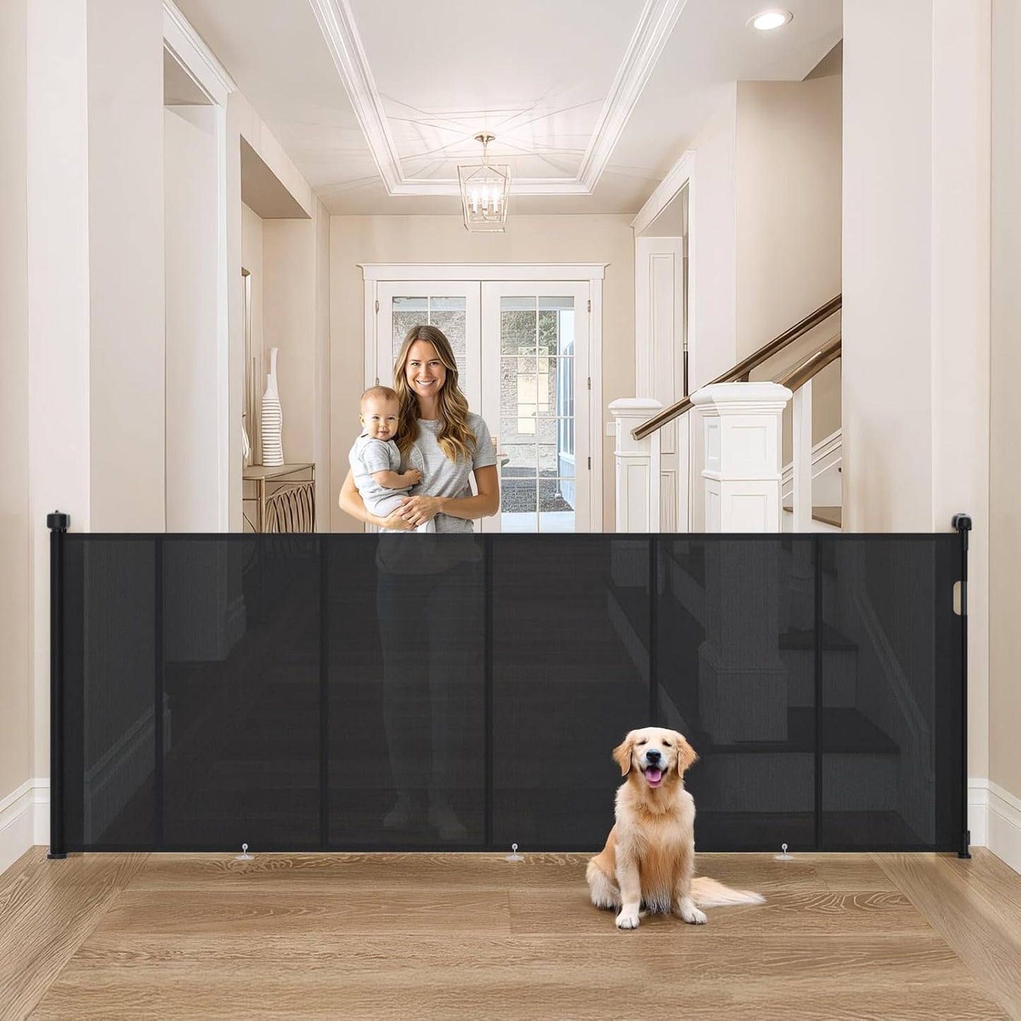 Upgrade Retractable Baby Gates Extra Wide (150" W x 42" H), 150 inch Reinforced Retractable Dog Gate to Prevent Crawling Through, Retractable Gate Outdoor/Indoor, Real One-Handed Operation, Black