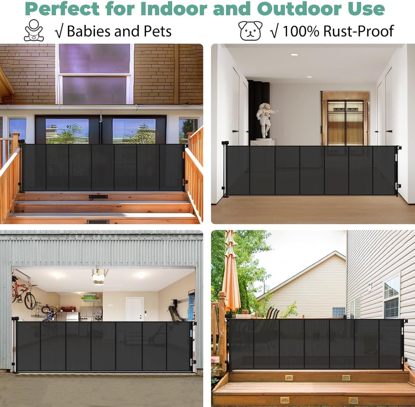 96 Inch Wide Reinforced Retractable Baby Gate with Support Rods, Extra Long Dog Gate Retractable Gate Outdoor Gates for Decks, Prevent Crawling Under Extra Long Baby Gates for Large Openings, Black