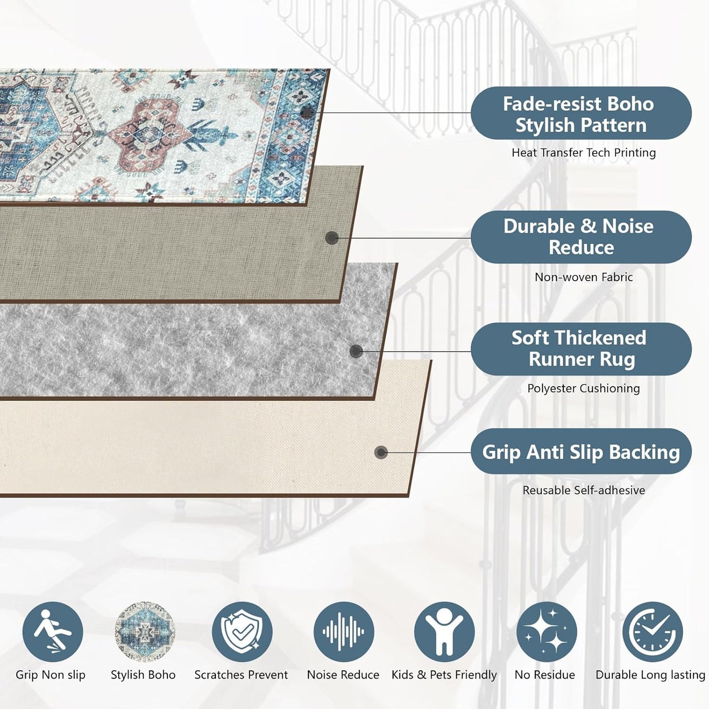 Stair Treads for Wooden Steps, Non Slip Stair Treads Carpet Indoor Residue Free Peel and Stick Washable Stair Covers, Safe for Dogs Kids Elders, Moroccan Beige, 8x30 inch, 4 Pack