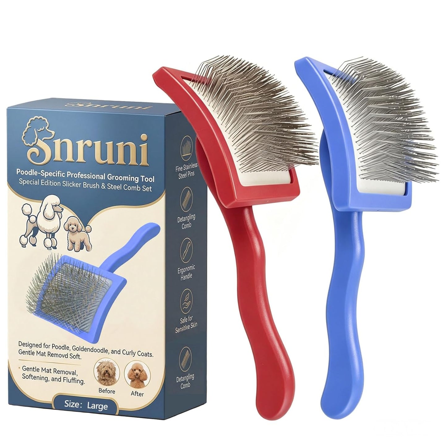 3PCS Slicker Brush for Dogs Set, 2 Professional Dog Grooming Brushes with 1 Stainless Steel Comb for Goldendoodles, Poodles & Labradoodles, Removes Mats, Knots & Loose Hair (Large, Blue&Blue)