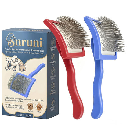 3PCS Slicker Brush for Dogs Set, 2 Professional Dog Grooming Brushes with 1 Stainless Steel Comb for Goldendoodles, Poodles & Labradoodles, Removes Mats, Knots & Loose Hair (Large, Blue&Blue)