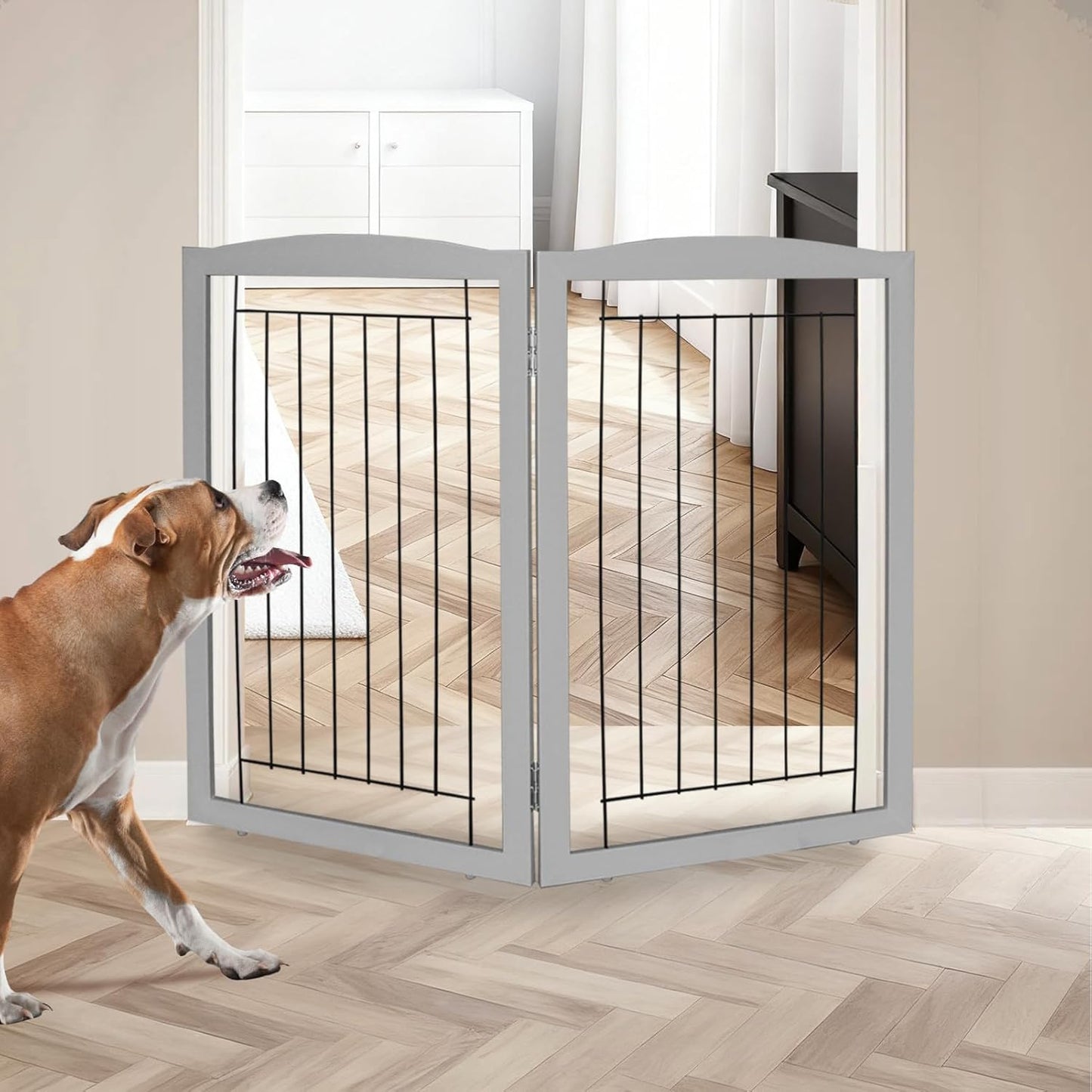 ZJSF Freestanding Foldable Dog Gate for House Extra Wide Wooden White Indoor Puppy Gate Stairs Doorways Pet Gate Tall Dog Fence 3 Panels Fence