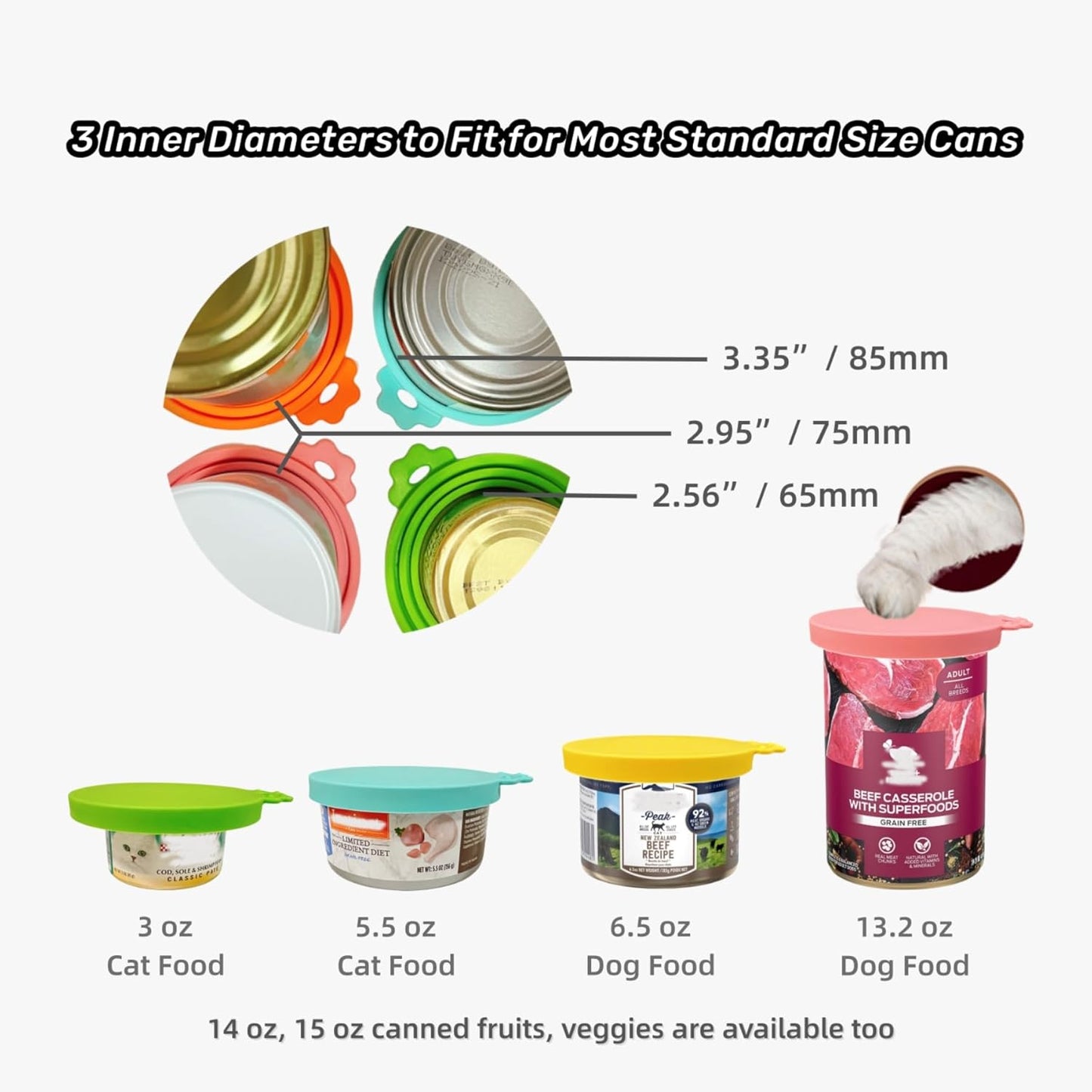 2 Packs Dog Food Can Lids, Inner rings 2.6”/3”/3.4” Fits 3-15oz Standard Cans/Tins, Multi-Size cat food can lid, Silicone Can Covers for dog food cans, BPA Free, Reusable(Green/Cyan+1 spoon)