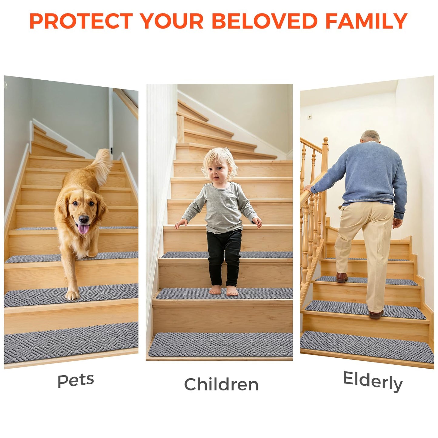 BAGAIL 15 Pack Non-Slip Stair Treads for Wooden Steps, 8"x30" Peel and Stick Carpet Stair Runners, Machine Washable Indoor Step Covers with No-Residue Adhesive for Dogs, Kids & Elderly - Dark Gray