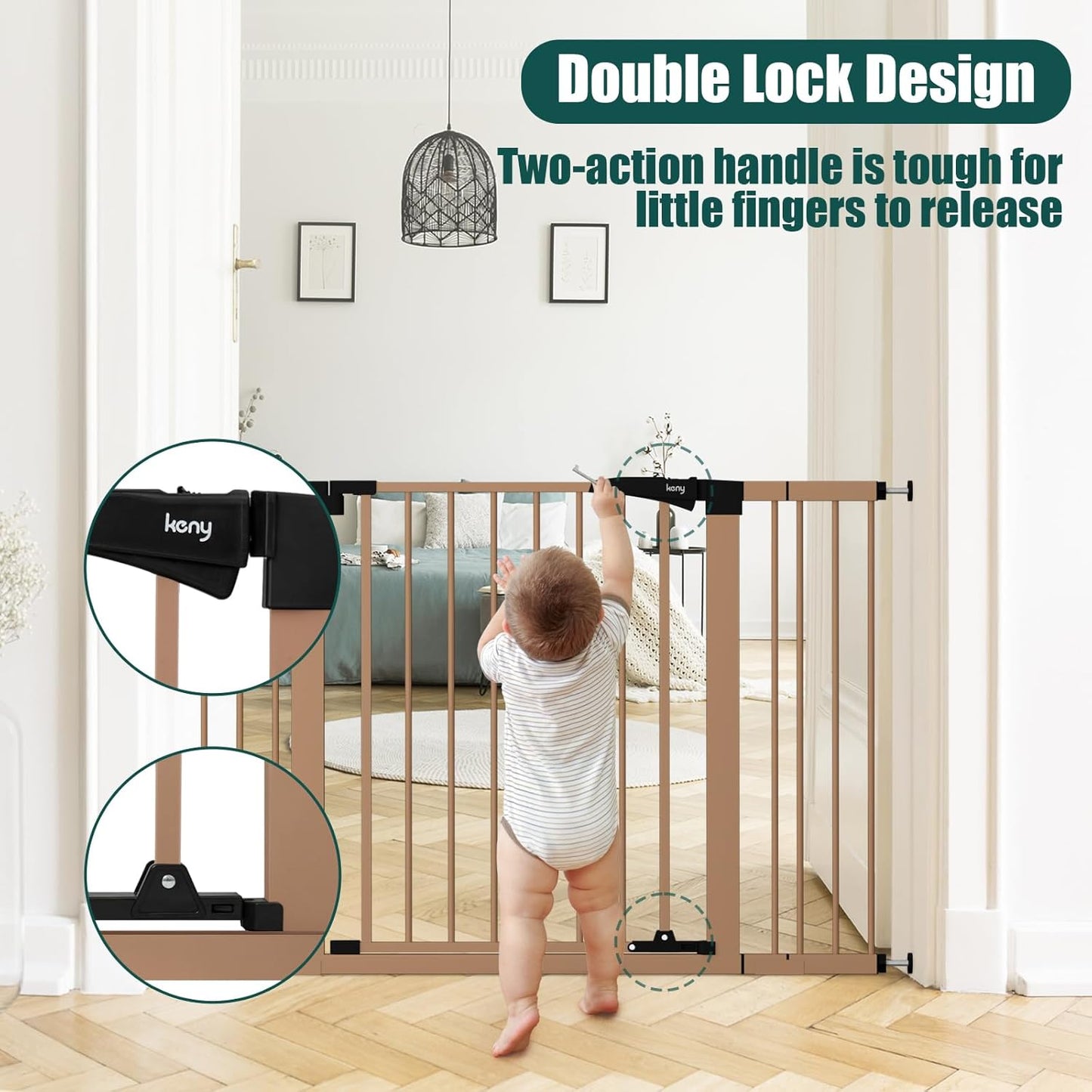 keny 29.7"-46" Baby Gate for Stairs, Auto Close Dog Gates for Doorways, Pressured Mounted No Drilling Pet Gate Extra Wide, One-Hand Opening Dual Lock Stair Gate, Indoor Kids Necessities, Black