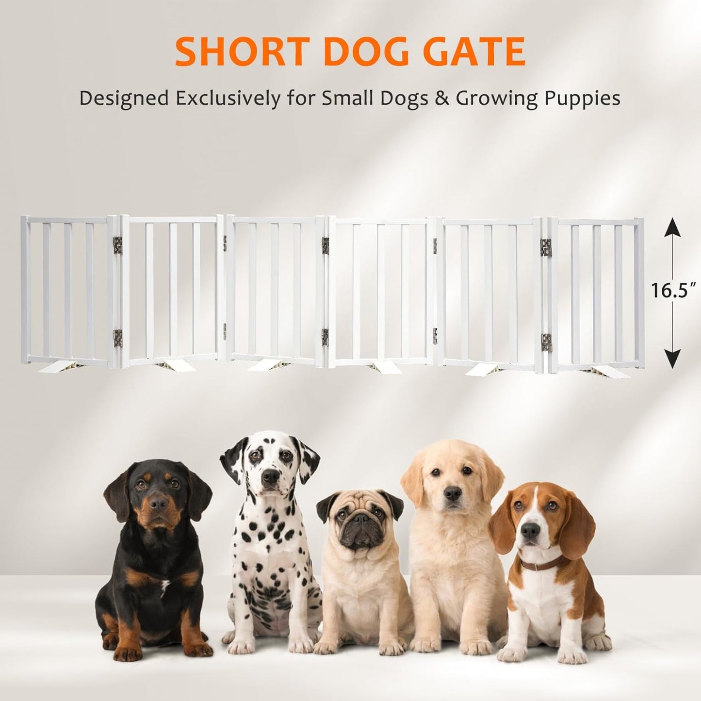 Snagle Paw Short Dog Gate,16.5" Tall Freestanding Metal Dog Gate Only for Small Dogs with Support Feet Easily Step Over,Up to 48" Wide Puppy Gate Indoor for Stairs,Doorways(Black,4 Panel)