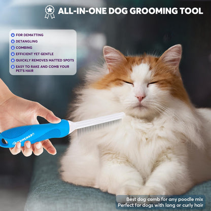 GENPEPADO Grooming Comb for Dogs and Cats with Matted Hair, Detangling Pet Comb with Long and Short Stainless Steel Metal Fine Teeth for Removing Mats, Tangles, Knots & Loose Fur from The Undercoat