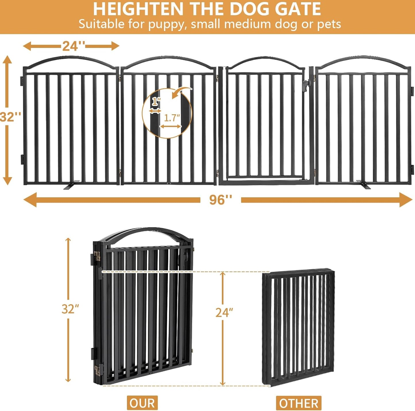 Malier Metal Freestanding Dog Gate, 32'' Height Outdoor Indoor Dog Fences, Extra Wide Foldable Puppy Gate for Stairs (Black, 【2 Panels】 40''W × 32''H)