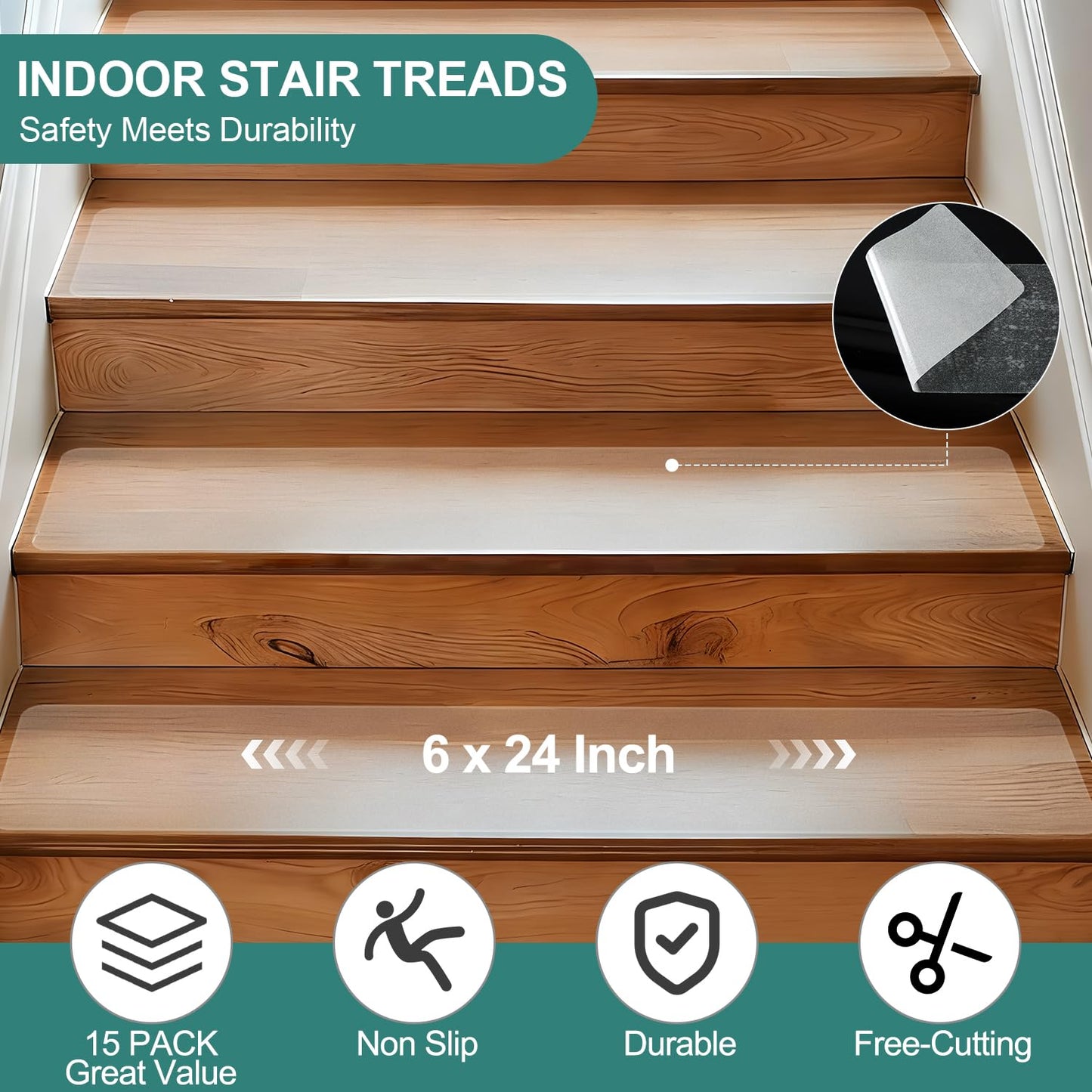 Outdoor Stair Treads Non Slip for Wooden Steps 6" x 30" - 15 Pack Weather Resistant Exterior Grip Tape, Non Slip Stair Treads, Anti Skid Strips, Waterproof 80-Grit High Traction Adhesive Treads, Black