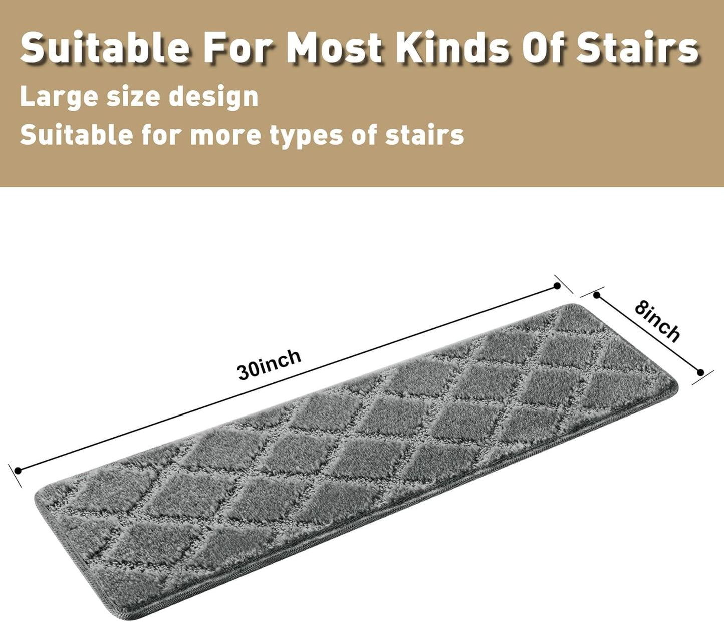 PURE ERA Bullnose Carpet Stair Treads Set Tape Free Non-Slip Indoor Stair Protectors Pet Friendly Rugs Covers Soft Skid Resistant Washable Reusable 9.5" x 30"(14 Pieces,Cream Gray)