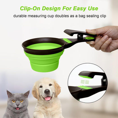 Collapsible Silicone Dog Food Scoop Foldable Pet Food Measuring Cup with Bag Clip 3 in 1 Multi-Function Silicone Dog Food Scooper (Rose Red, Medium)