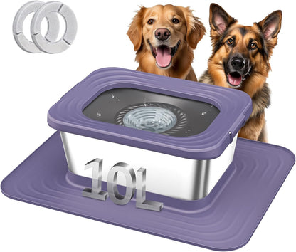 Decflow 10L Stainless Steel Dog Water Bowl, No Spill Anti-Splash Dog Bowls with XXL Silicone Mat, Spill-Proof Slow Feeder for Messy Drinkers, Heavy Duty Pet Bowls for Indoor/Outdoor Use Grey