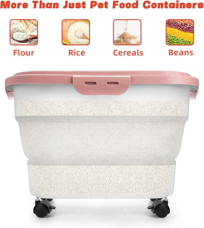 Dog Food Container, Collapsible Pet Food Storage Container 17-20 lb with Rolling Wheels & Airtight Lid, Plastic Storage Bin With Dog Food Scoop and Measuaring Cups