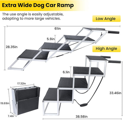 Dog Stairs for Large Dogs, Extra Wide Dog Ramp for Car with Non-Slip Surface, Folding and Portable Dog Car Ramp for SUV & Car, Outdoor, Supports up to 250 lbs, 4 Steps