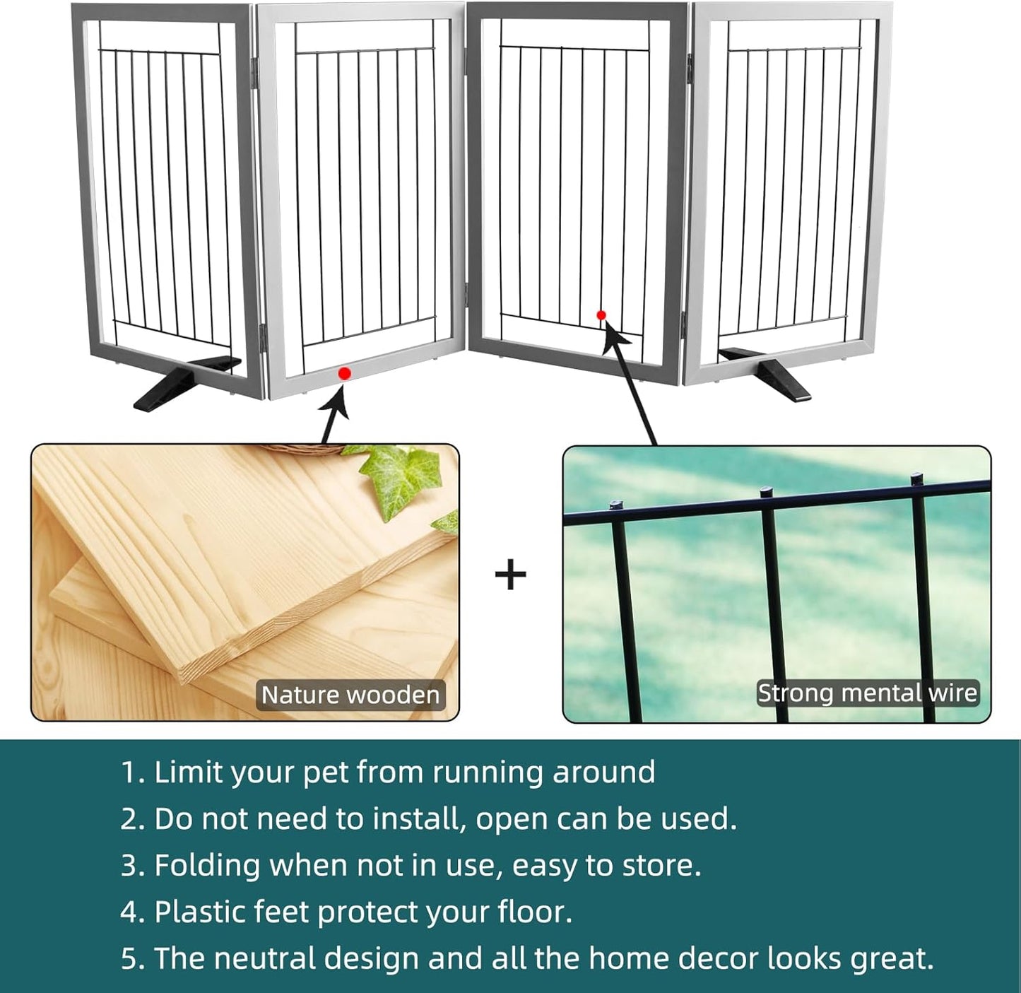 ZJSF Freestanding Dog Gate Indoor, Foldable Dog Fence for Doorways,Hallways or Stairs, Sturdy Wood Extra Wide Pet Gate with Support Feet,Black,24 "Height-3 Panels