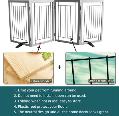 ZJSF Freestanding Dog Gate Indoor, Foldable Dog Fence for Doorways,Hallways or Stairs, Sturdy Wood Extra Wide Pet Gate with Support Feet,Black,24 "Height-3 Panels