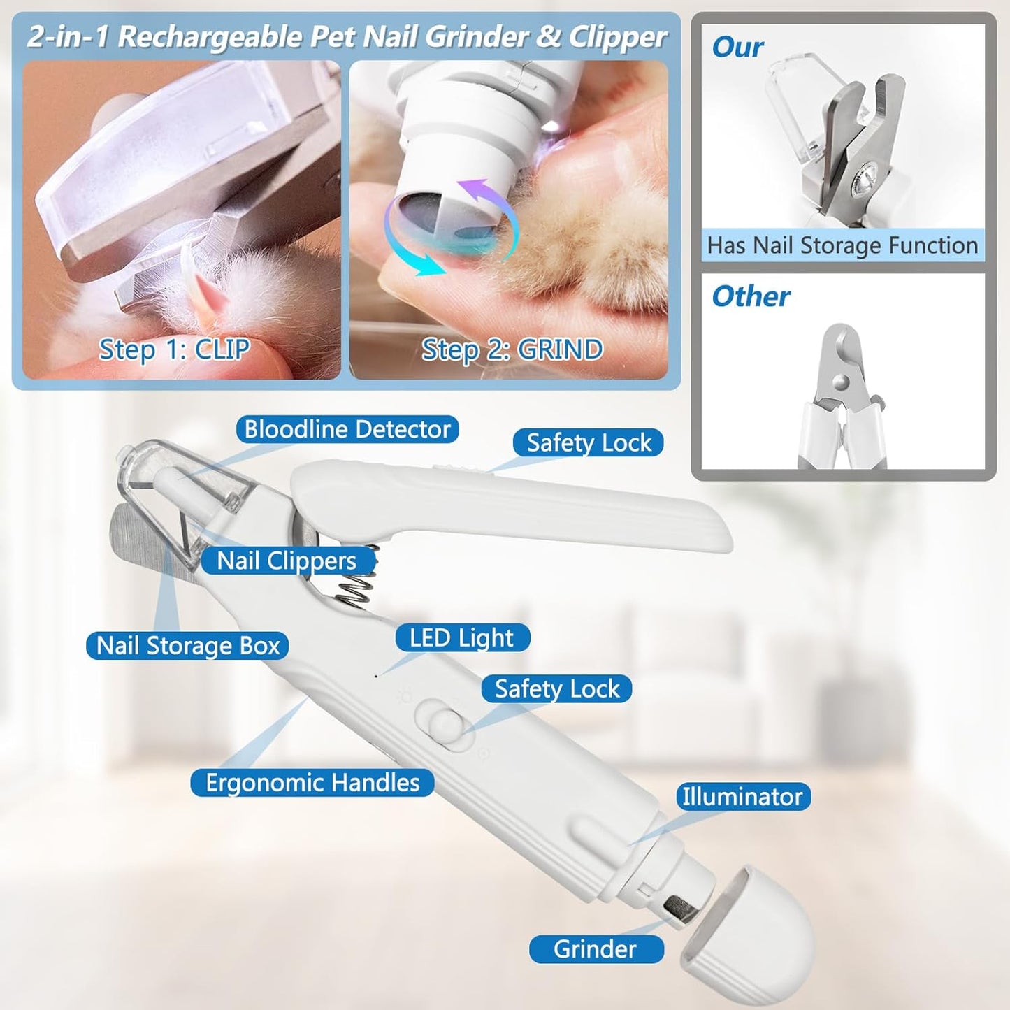2-in-1 Led Cat Dog Nail Clipper & Nail Grinder with Lights,Rechargeable Pet Nail Trimmers with Nail File,Protective Guard,Quick Sensor,Pet Claw Clippers for Medium Small Dogs Cats Rabbits