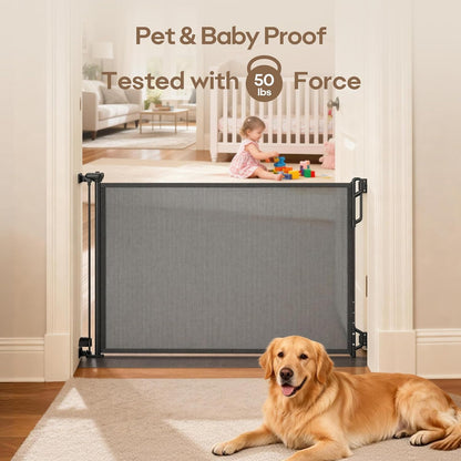 SPACEANY Retractable Safety Baby Gate or Mesh Dog Gate,Durable Portable Mesh Retractable Gate,Easy to Use for Stairs, Doorways, Hallways, Indoor, Outdoor, 33.5" Tall, Up to 45" Wide, Cream