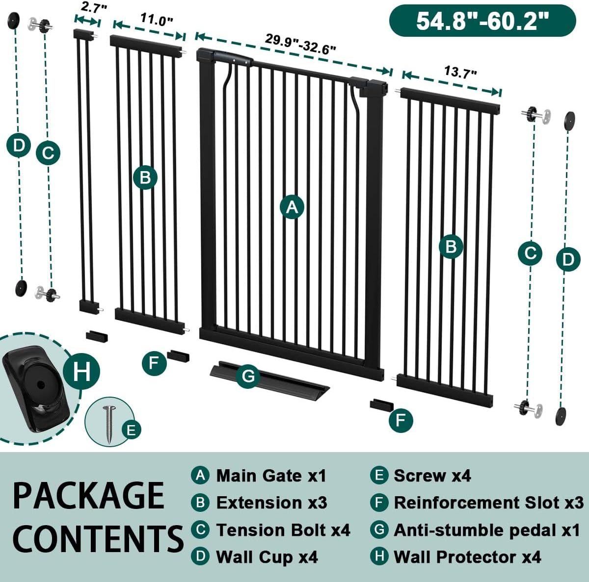 Fairy Baby 40.5" Extra Tall Baby Gate for Stairs, Fits Openings of 40.6" to 54.7" Wide, Extra Wide Dog Gate Indoor, Pressure Mounted Walk Thru Swing Auto Close Metal Puppy Barrier for Doorway, Black