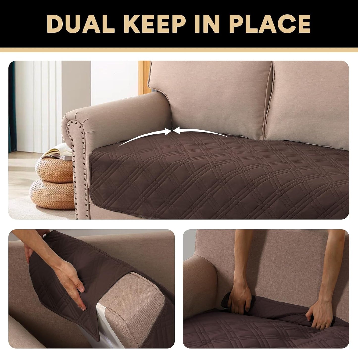 PrinceDeco 100% Waterproof Couch Cover for 3 Cushion Couch Sofa Pet Friendly Non-Slip Couch Cover for Dogs Washable Water Resistant Furniture Protector with Elastic Straps(Sofa 68", French Oak)