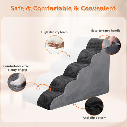 Dog Stairs Ramp, Curved 3-Step Dog Steps for Small Dogs and Cats, Pet Stairs for High Beds and Couch with Anti-Slip Washable Cover and Durable High Density Foam, Dark Grey