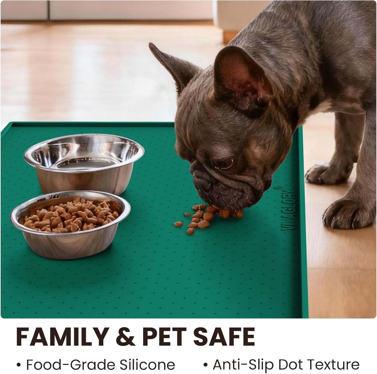 VIVAGLORY Dog Bowl Mat Grippymat Pet Food Mat, Waterproof Washable Nonslip Silicone for Pet & Cat, Food and Water Placemat with Lip & Raised Edges for Indoor Floor, S, Grey