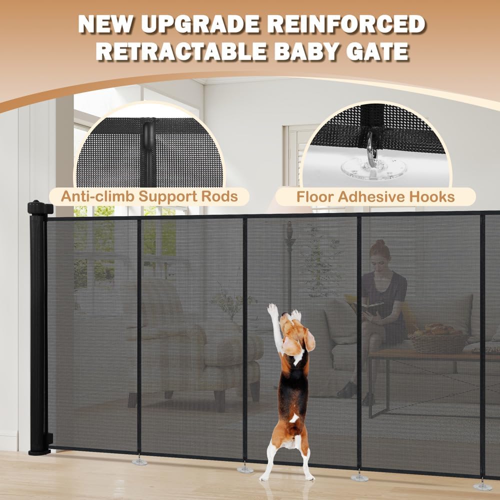 SMONTER Extra Wide Retractable Dog Gates, Mesh Baby Gate with Support Rods Extend to 118" Wide 33" Tall, Portable Safety Retractable Gate for Stairs, Indoor/Outdoor, Black
