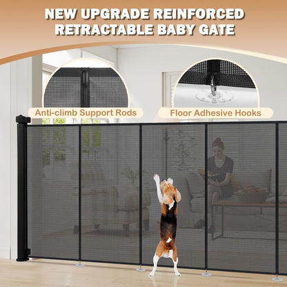 SMONTER Extra Wide Retractable Dog Gates, Mesh Baby Gate with Support Rods Extend to 118" Wide 33" Tall, Portable Safety Retractable Gate for Stairs, Indoor/Outdoor, Black