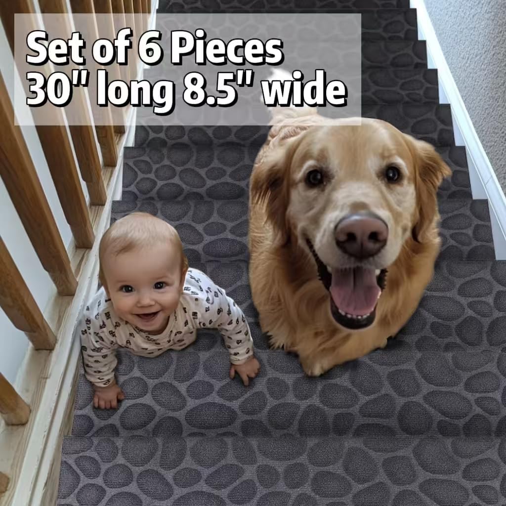 Aucuda 2pcs 8.5" x 30" Stair Treads Outdoor for Elders and Dogs on Wooden Steps, Non Slip Stair Runner Rug Heat Insulation Rubber Backing, Gray Staircase Mat Carpet for Indoor Grip Farmhouse.