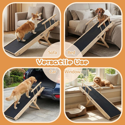 Rubber-Mat Dog Ramp with Rails for Couch, Bed or Car - 40" Long Foldable Wood Pet Ramp Adjustable Height from 10" to 21", with High Traction Mat for Small Medium Older Dogs, Up to 180 Lbs