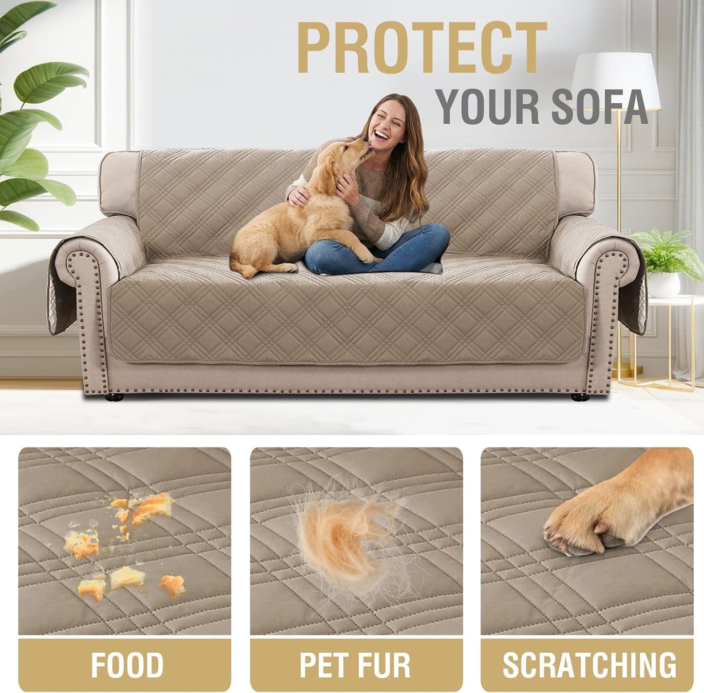 H.VERSAILTEX 100% Waterproof Slipcovers for Couches and Sofas Modern Pet Couch Cover Thick Soft Furniture Protector with Elastic Straps(Sofa, Lily Pad/Beige)