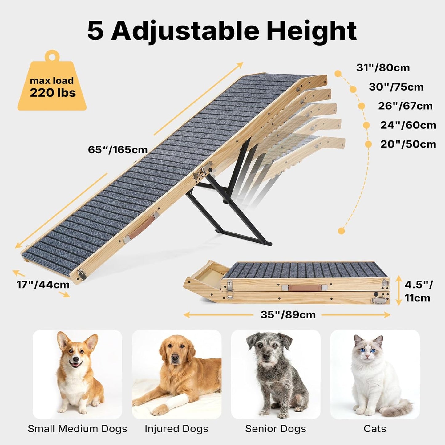 Veehoo Folding Dog Ramp for Bed Couch, 65" Long Stairs for Dogs to Get on High Bed with Platform and 5 Adjustable Height 20" to 31“, Wooden Senior Dog Ramp Steps for Small to Large Dogs, up to 220lbs