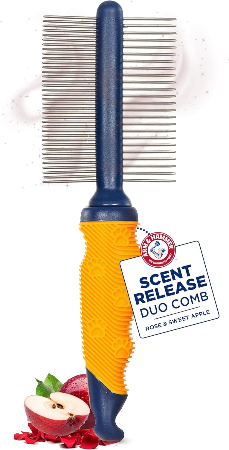 Arm & Hammer Deodorizing Dog Grooming Comb, Fragrance Transfer Technology with Baking Soda, Fine & Standard Teeth for Detangling & Flea Removal, Dematting Tool for Dogs, Sweet Apple & Rose Scent
