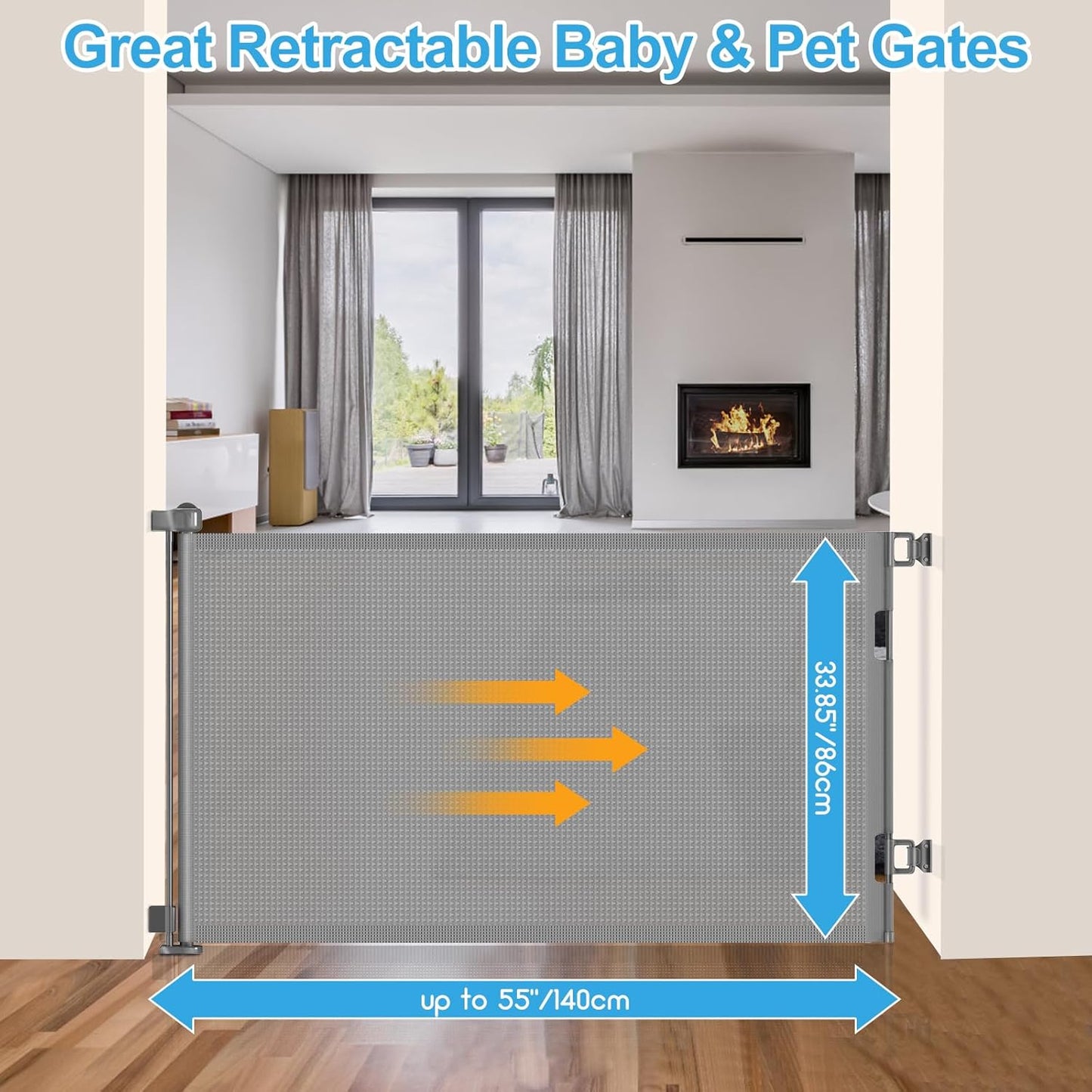 Upgrade 120 inch Retractable Baby Gates, EZIGO Extra Wide Baby Gate for Large Opening Extra Long Mesh Gate for Kids or Pet Dog Gate Child Safety Gate for Stairs Hallways Doorway Indoor Outdoor, Gray