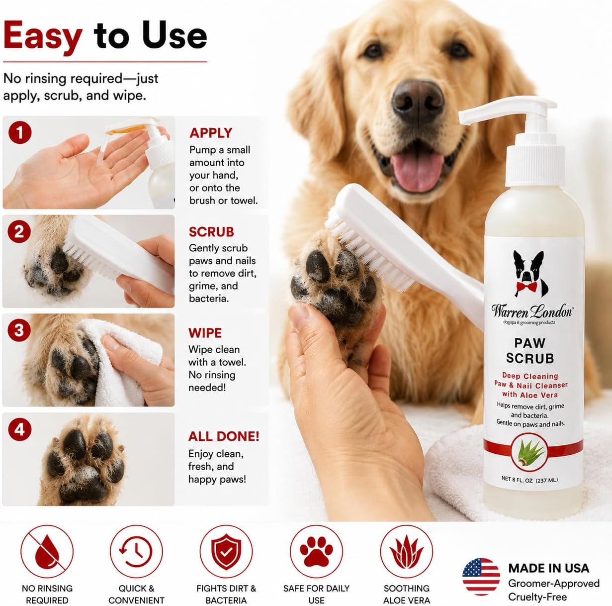Warren London Paw Scrub – Deep Cleaning Paw & Nail Cleanser with Aloe Vera – Removes Dirt & Grime – Includes Scrub Brush – Made in USA - 8 oz