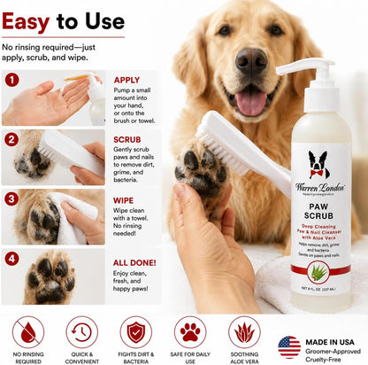 Warren London Paw Scrub – Deep Cleaning Paw & Nail Cleanser with Aloe Vera – Removes Dirt & Grime – Includes Scrub Brush – Made in USA - 8 oz