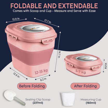 Dog Food Storage Container 30-35 lb, Airtight Collapsible Cute Dog Food Container with Wheels & Scoop, Stackable Pet Food Storage Container for Dog & Cat Food