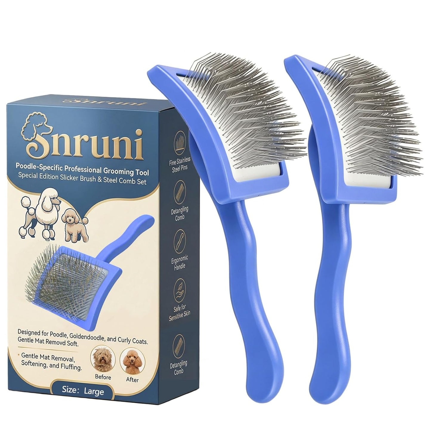 3PCS Slicker Brush for Dogs Set, 2 Professional Dog Grooming Brushes with 1 Stainless Steel Comb for Goldendoodles, Poodles & Labradoodles, Removes Mats, Knots & Loose Hair (Large, Blue&Blue)