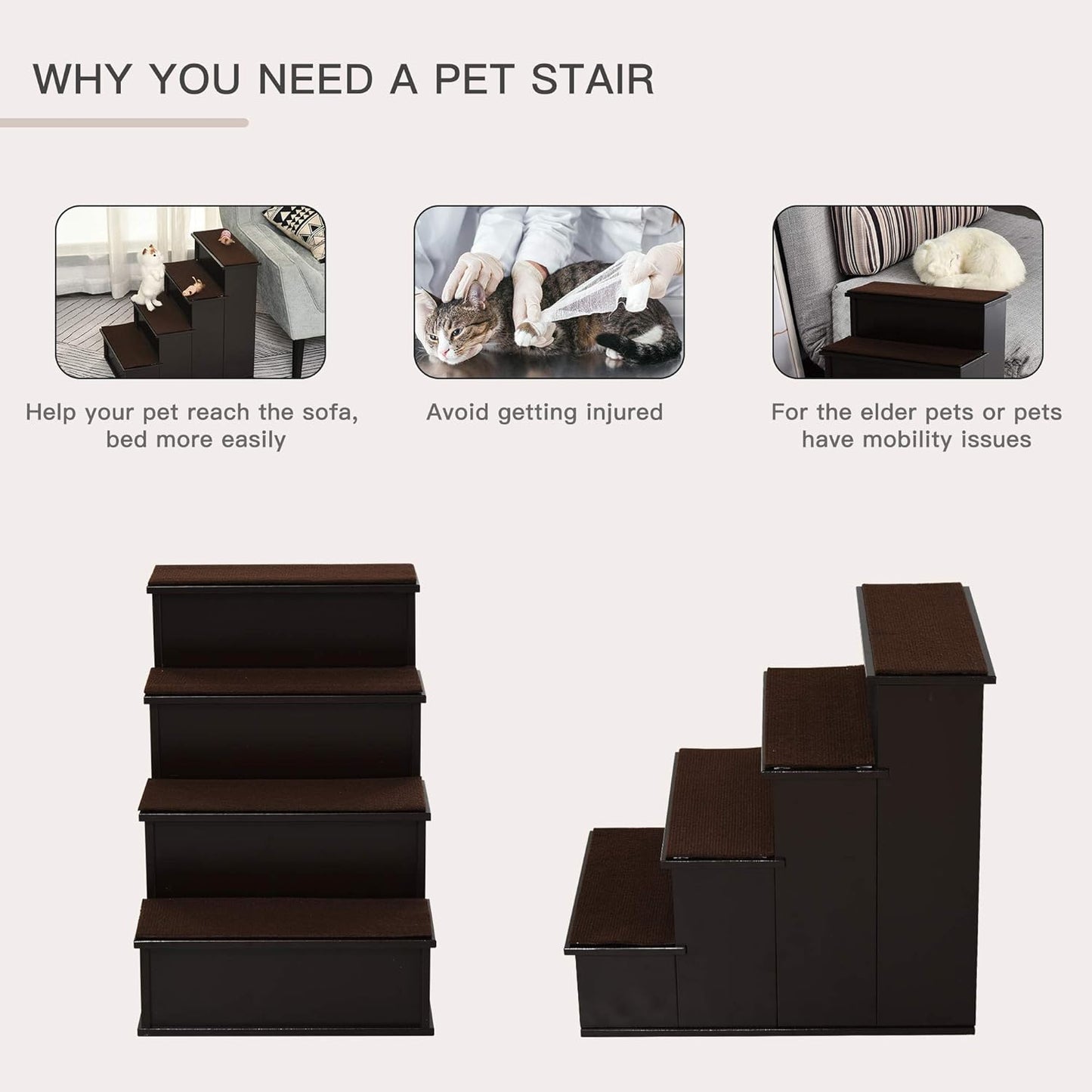 PawHut Pet Stairs, Small Pet Steps with Cushioned Removable Covering for Dogs and Cats Up to 22 Lbs., Natural