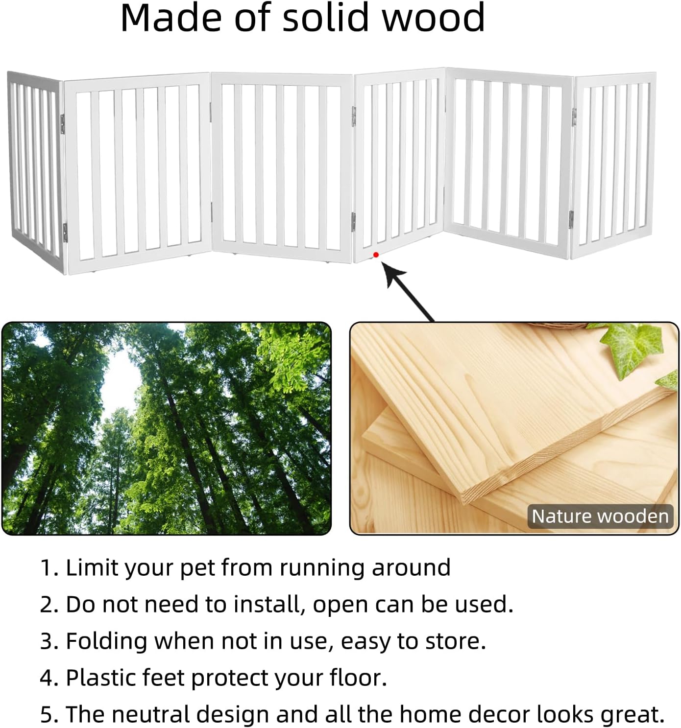 Dog Gate Indoor, Freestanding Dog Fence for The House, Doorways, Hallways,or Stairs,Pet Gate Foldable Wooden,Expandable 24" Height 3 Panels,White