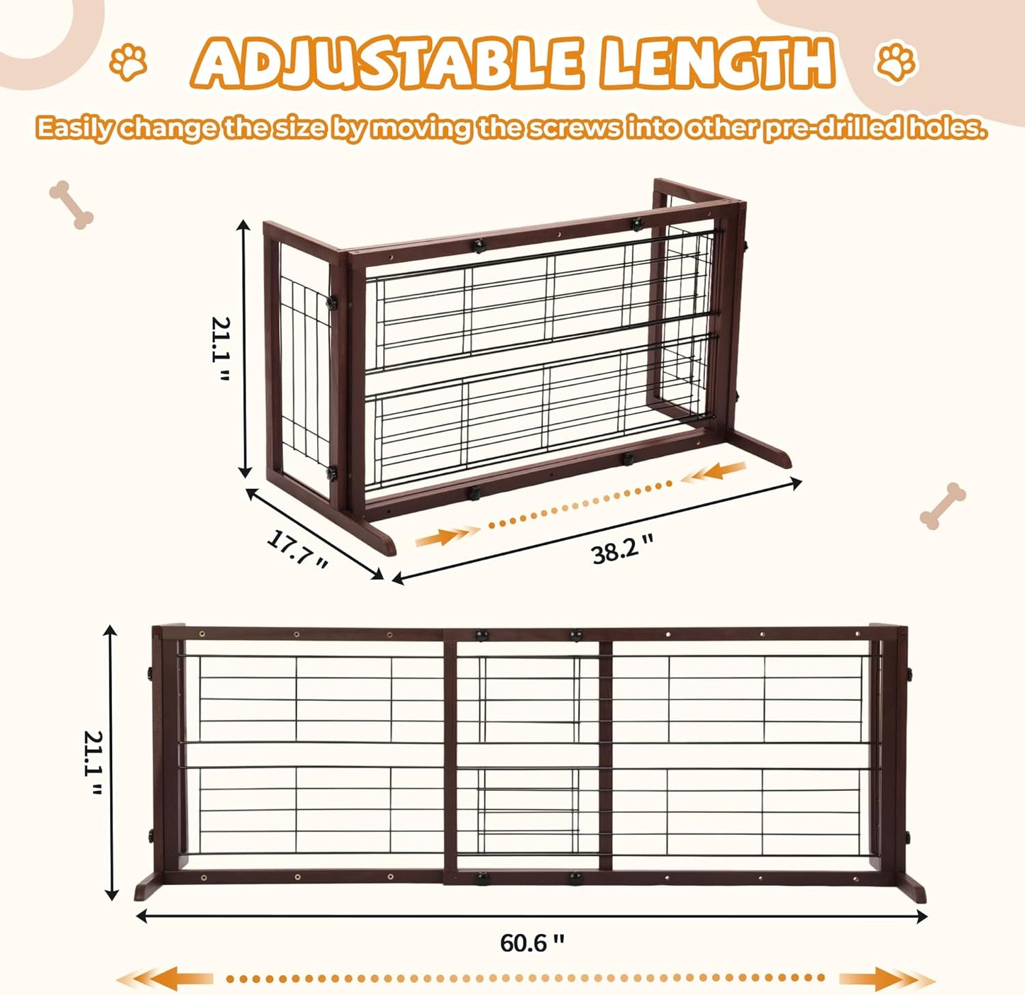 COZIWOW 38-67" Dog Gate Indoor, Free Standing Pet Gate for Doorways Extra Wide, Wooden Fence Puppy Safety Gates for The House, Stairs, Hallway, No Drilling Required,Brown