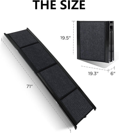 Extra Long Dog Ramp for Car, SUV & Truck - Portable Folding Pet Ramp for Large Dogs (Up to 250lbs) with Non-Slip Rug Surface & Safety Rope - Lightweight Aluminum for Easy Storage, (71" X19.5")