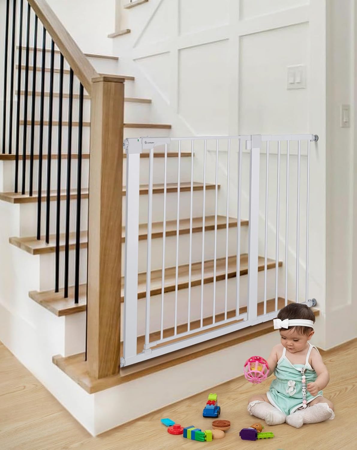 COMOMY 36" Extra Tall Baby Gate for Stairs and Doorways - Fits 29.5" to 48.8" Wide Openings, Auto Close Extra Wide Dog Gate for House, Pressure Mounted Easy Walk Through Pet With Door, Black